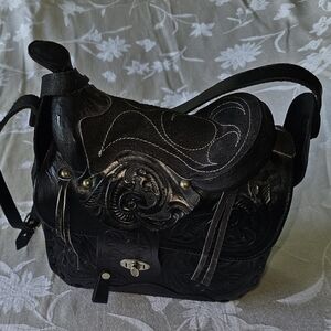 Black Leather Handbag, Handtooled Saddle With Horn And Soft Upper Lining.